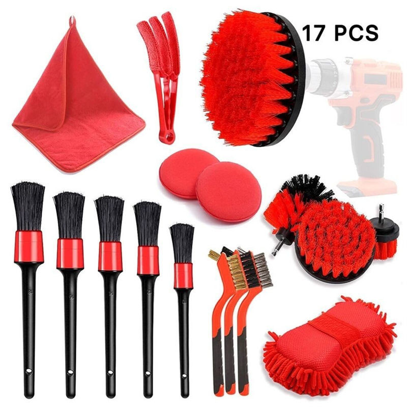 17pcs Red Drill Soft Brushes Set Car Detailing Brush per il lavaggio delle ruote degli pneumatici