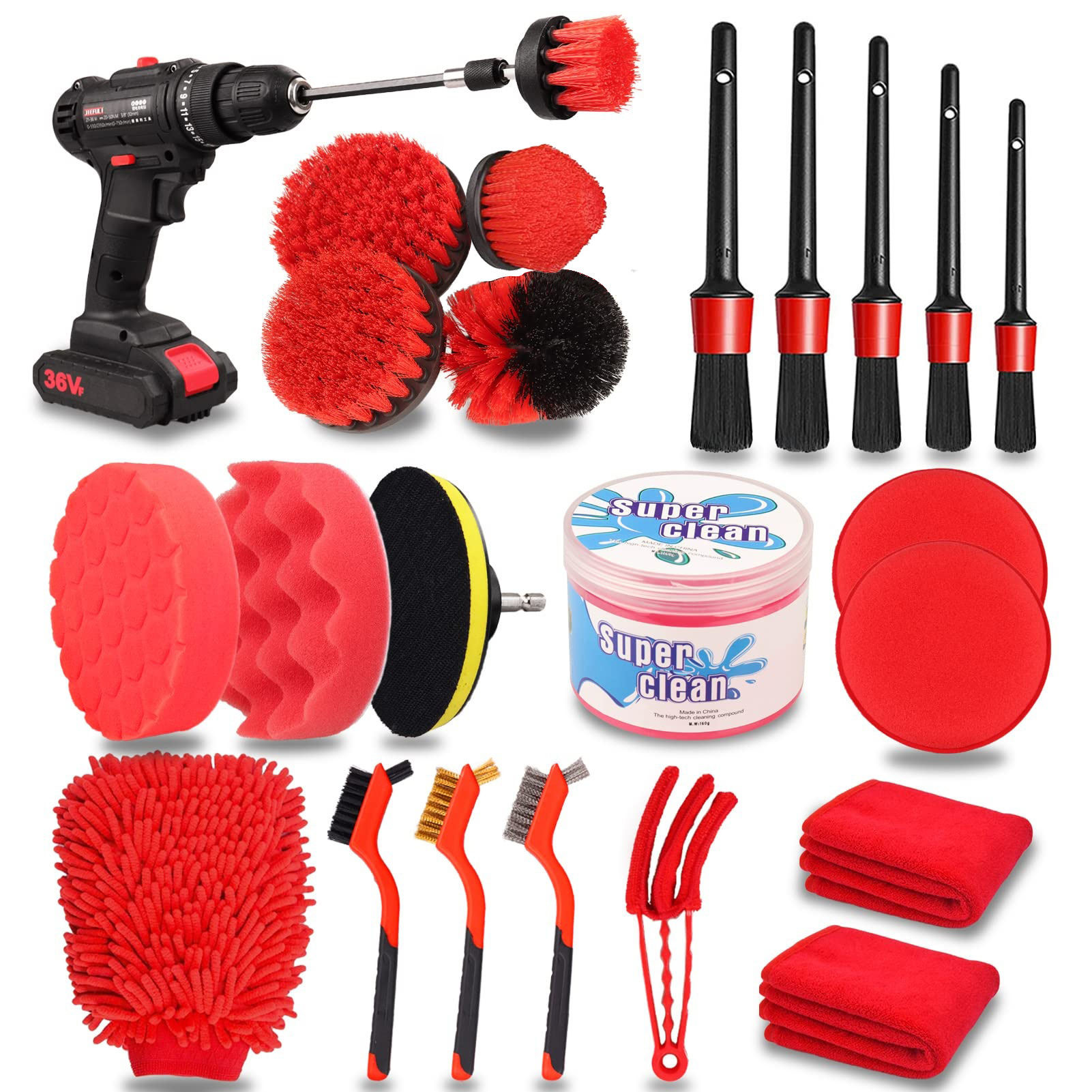 24 Pcs Car Detailing Brush Set Drill Soft Brushes Wash Kit Con Gel di Pulizia Per Interni Esterni Ruote Dashboard